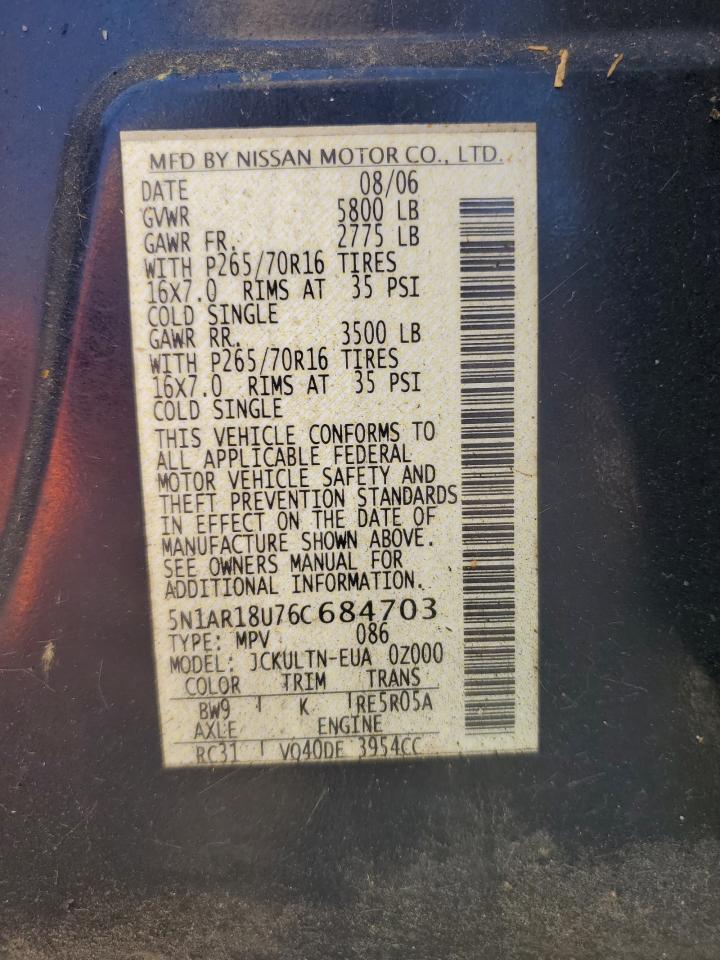 2006 Nissan Pathfinder Le VIN: 5N1AR18U76C684703 Lot: 52204475
