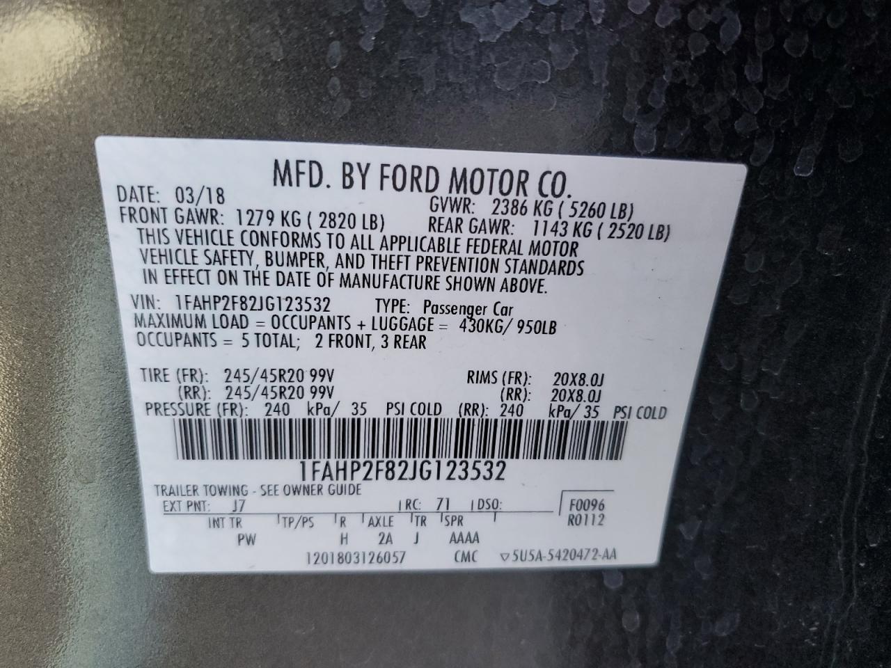 2018 Ford Taurus Limited VIN: 1FAHP2F82JG123532 Lot: 54943645