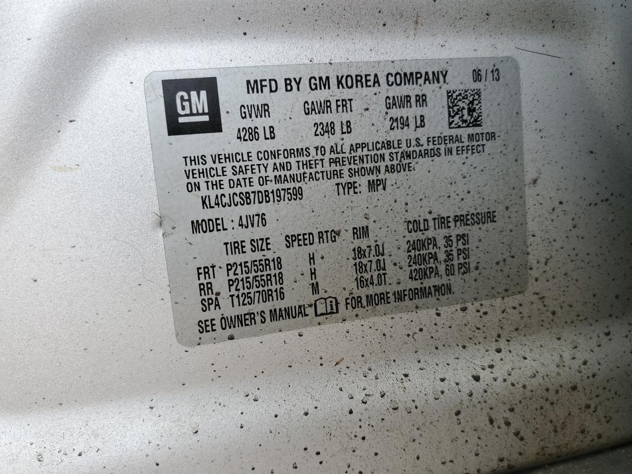 2013 Buick Encore VIN: KL4CJCSB7DB197599 Lot: 54554005