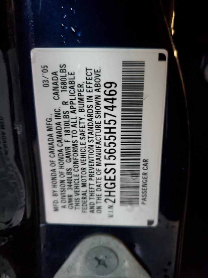 2005 Honda Civic Lx VIN: 2HGES15655H574469 Lot: 50598755