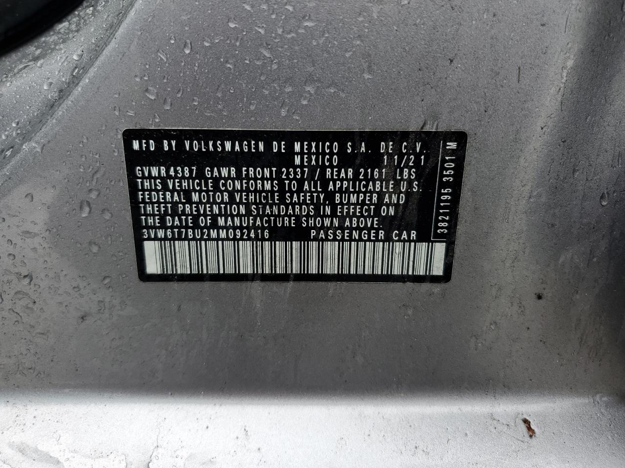 2021 Volkswagen Jetta Gli VIN: 3VW6T7BU2MM092416 Lot: 53866045