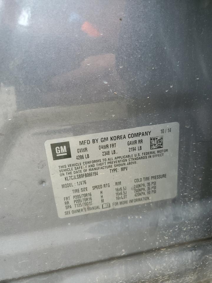 2015 Chevrolet Trax 1Lt VIN: KL7CJLSB9FB066194 Lot: 53752055