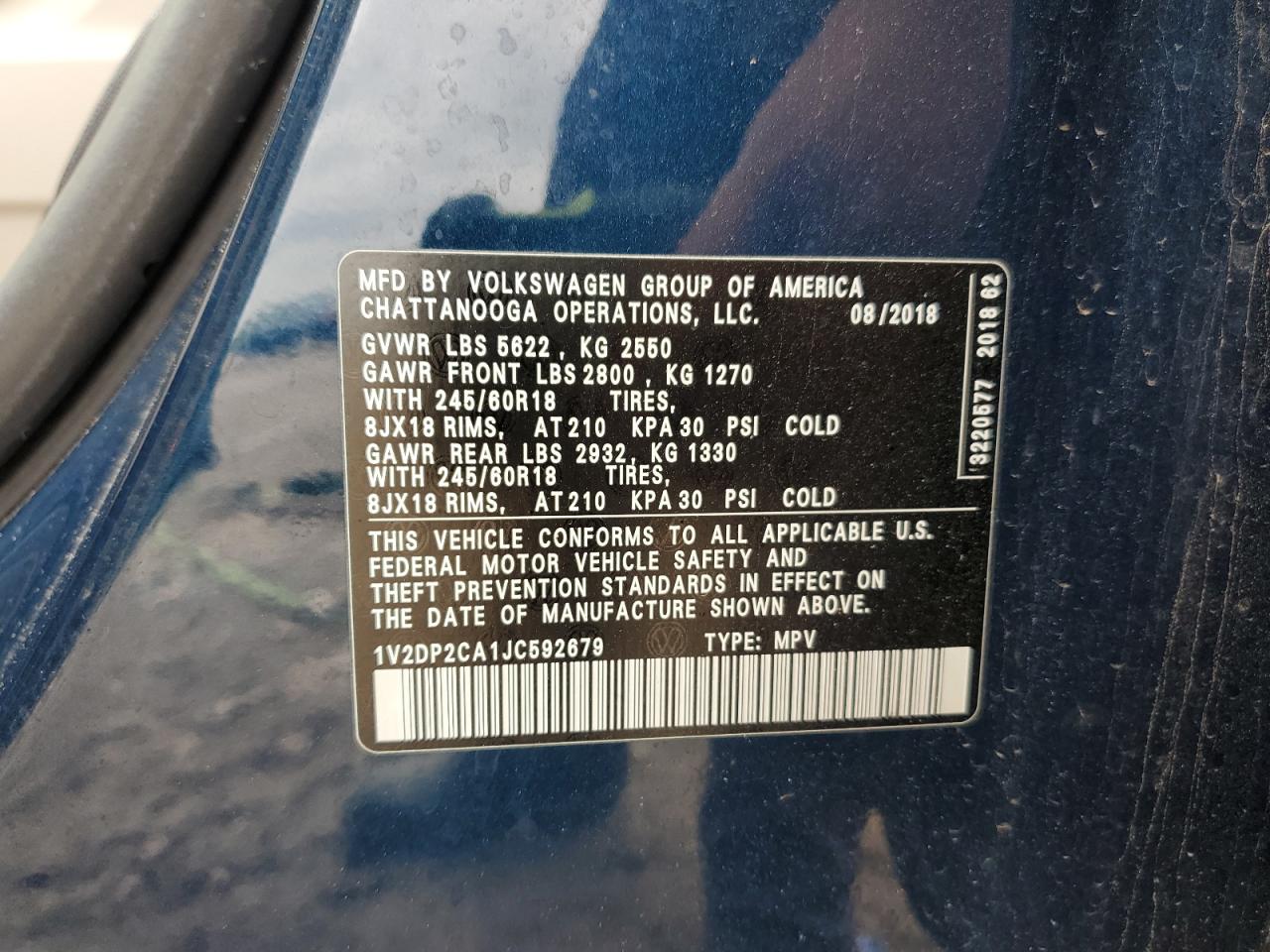 2018 Volkswagen Atlas Se VIN: 1V2DP2CA1JC592679 Lot: 54727595