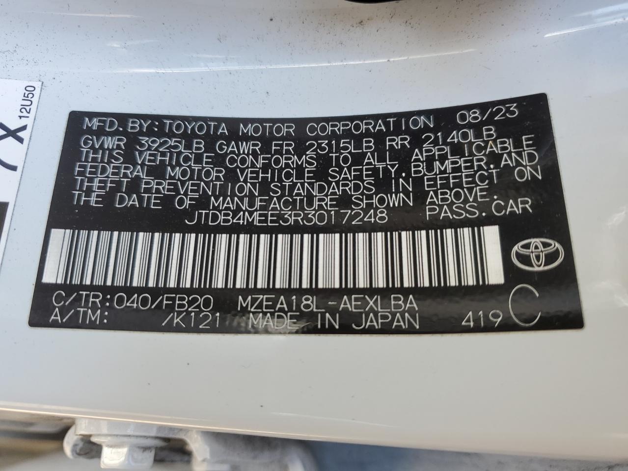 JTDB4MEE3R3017248 TOYOTA COROLLA 2024