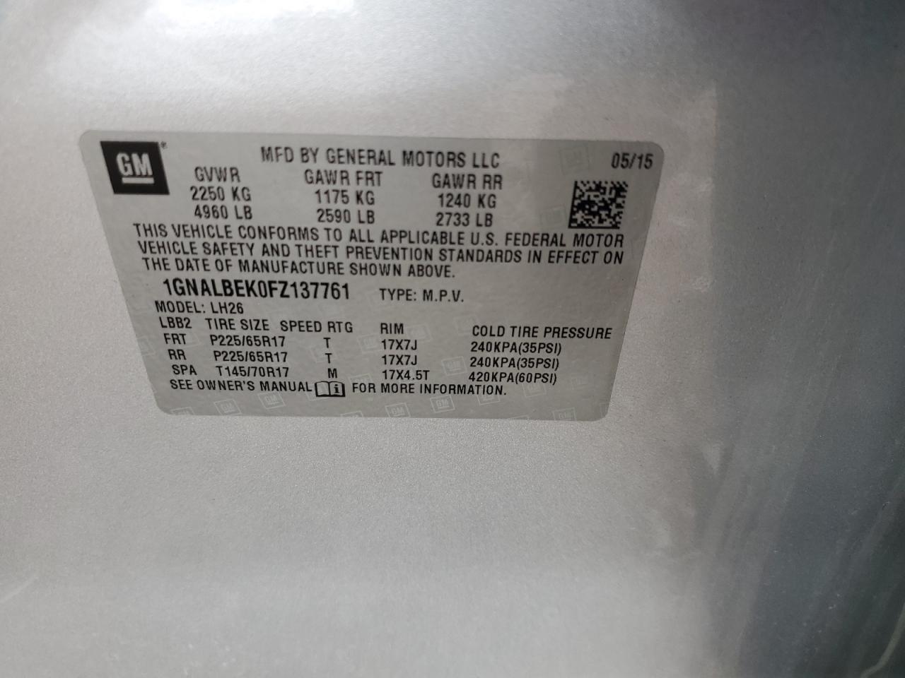 2015 Chevrolet Equinox Lt VIN: 1GNALBEK0FZ137761 Lot: 51858985