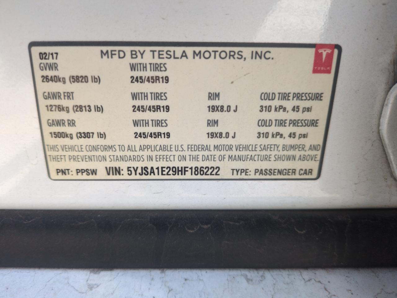 2017 Tesla Model S VIN: 5YJSA1E29HF186222 Lot: 55060935