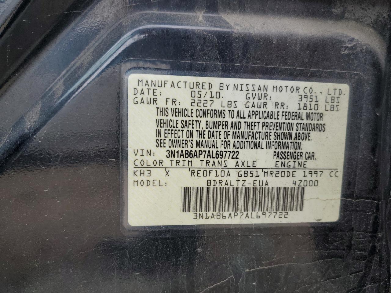 2010 Nissan Sentra 2.0 VIN: 3N1AB6AP7AL697722 Lot: 54415155