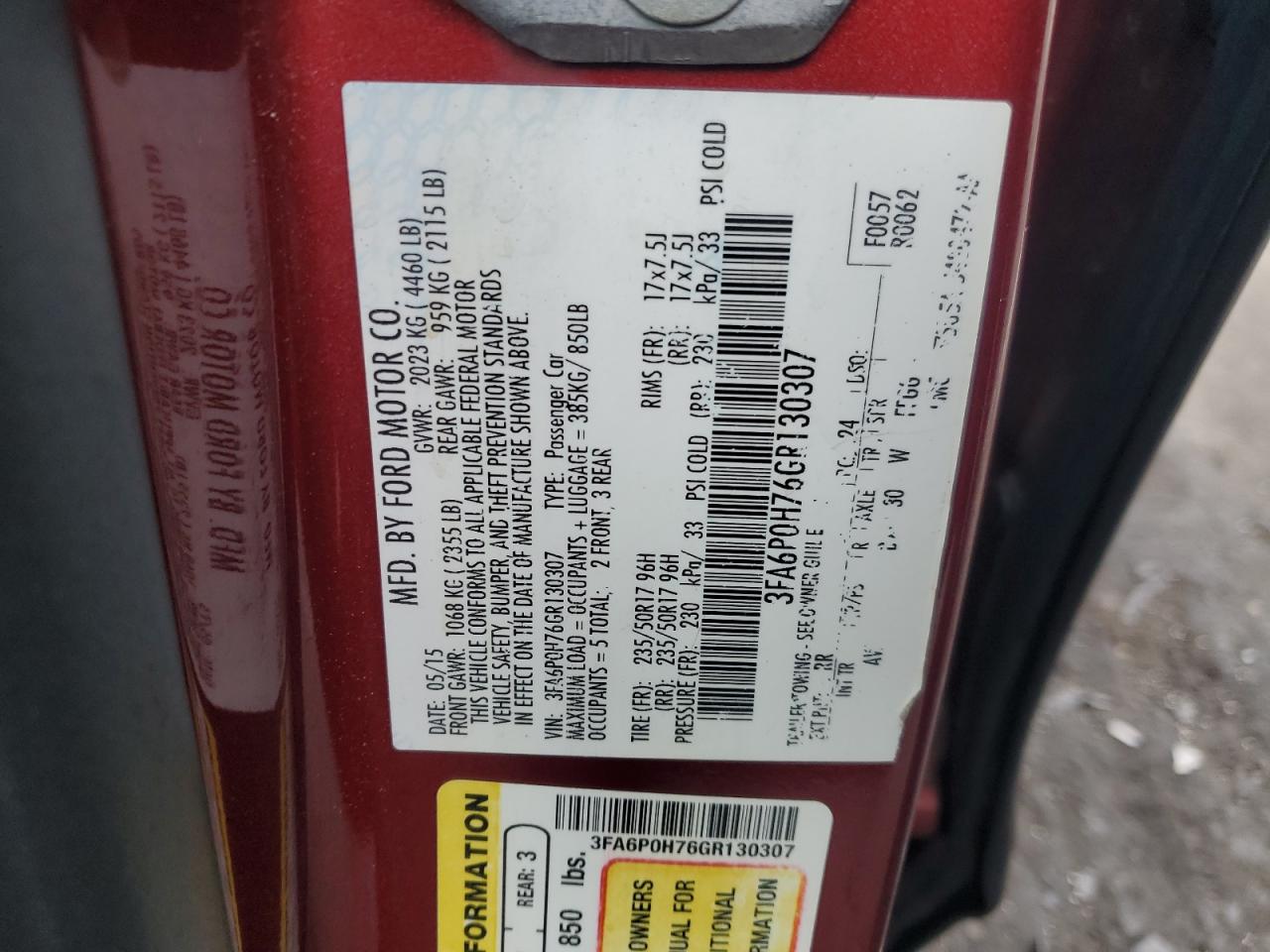 3FA6P0H76GR130307 FORD FUSION 2016