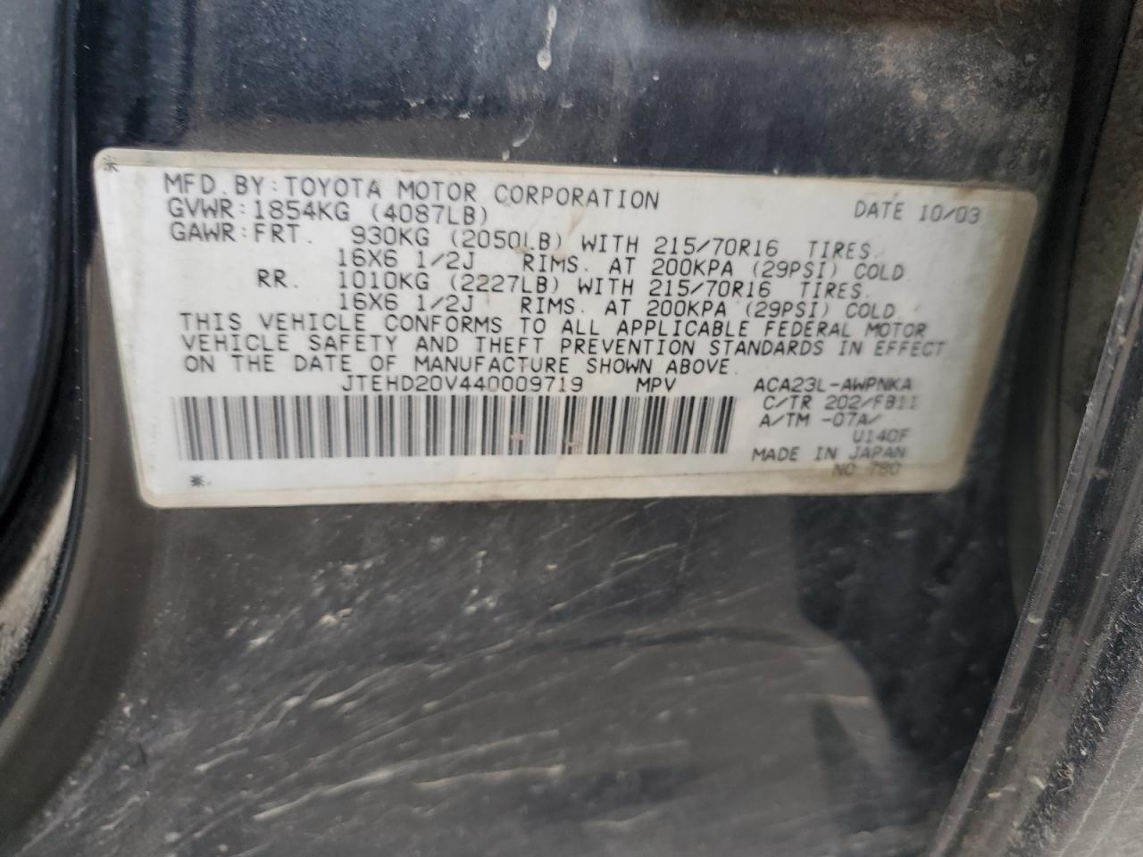 2004 Toyota Rav4 VIN: JTEHD20V440009719 Lot: 54538555
