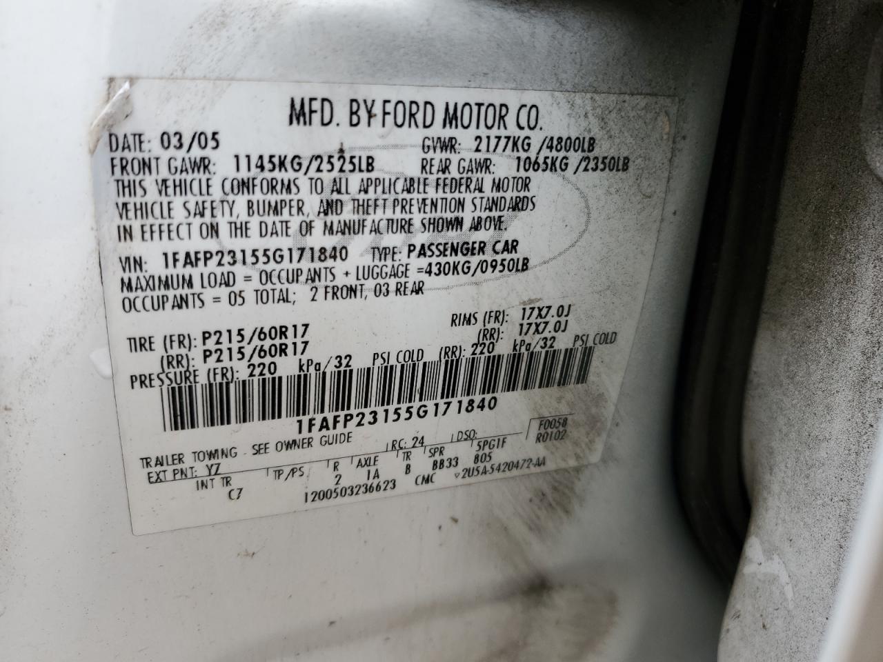 2005 Ford Five Hundred Se VIN: 1FAFP23155G171840 Lot: 54190685