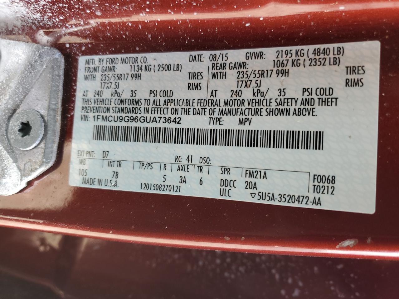2016 Ford Escape Se VIN: 1FMCU9G96GUA73642 Lot: 52848665