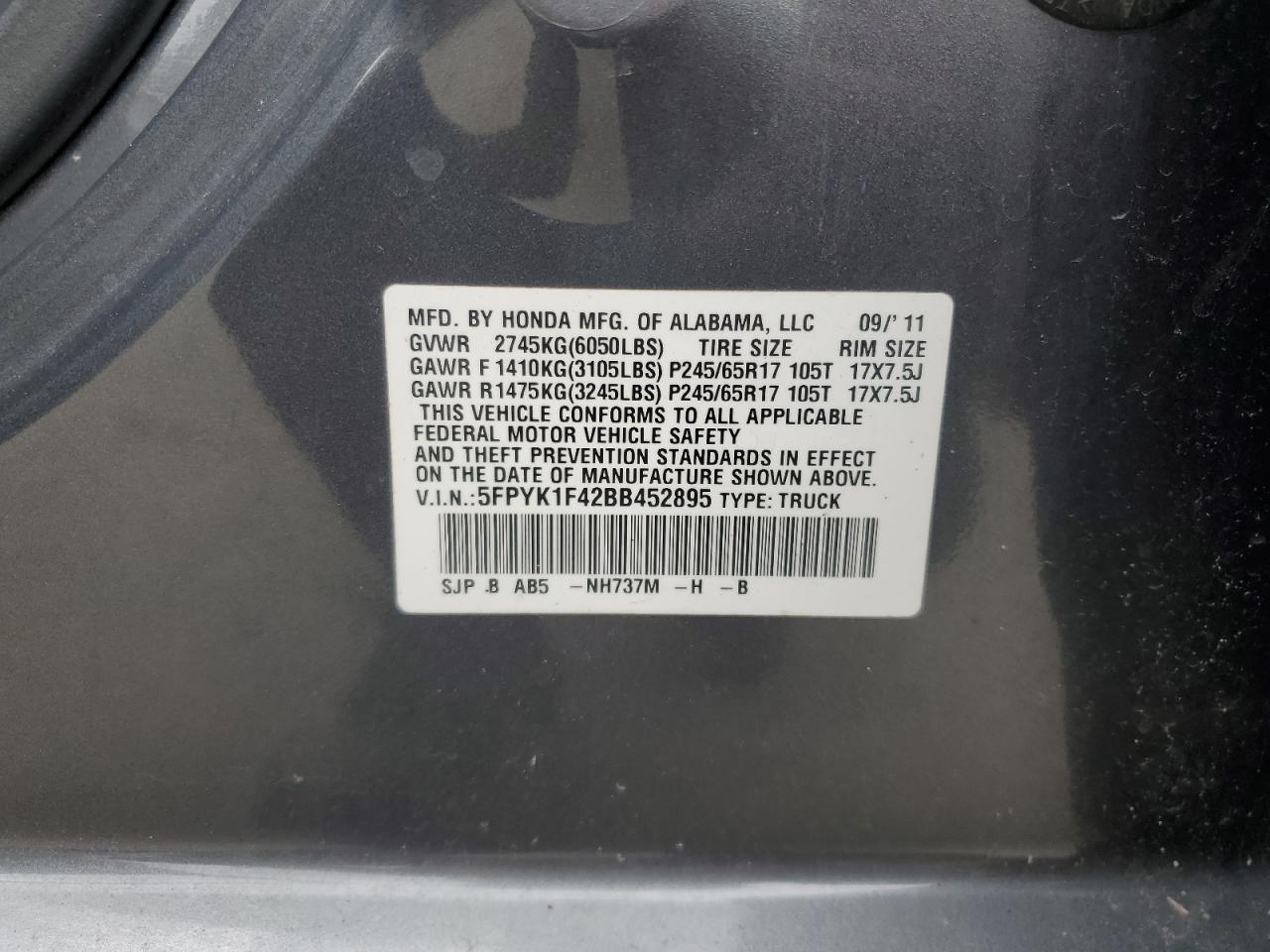 2011 Honda Ridgeline Rts VIN: 5FPYK1F42BB452895 Lot: 52960125