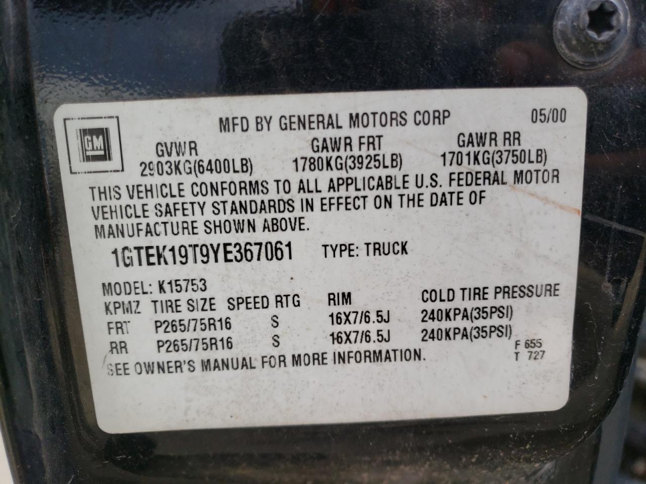 2000 GMC New Sierra K1500 VIN: 1GTEK19T9YE367061 Lot: 53002575