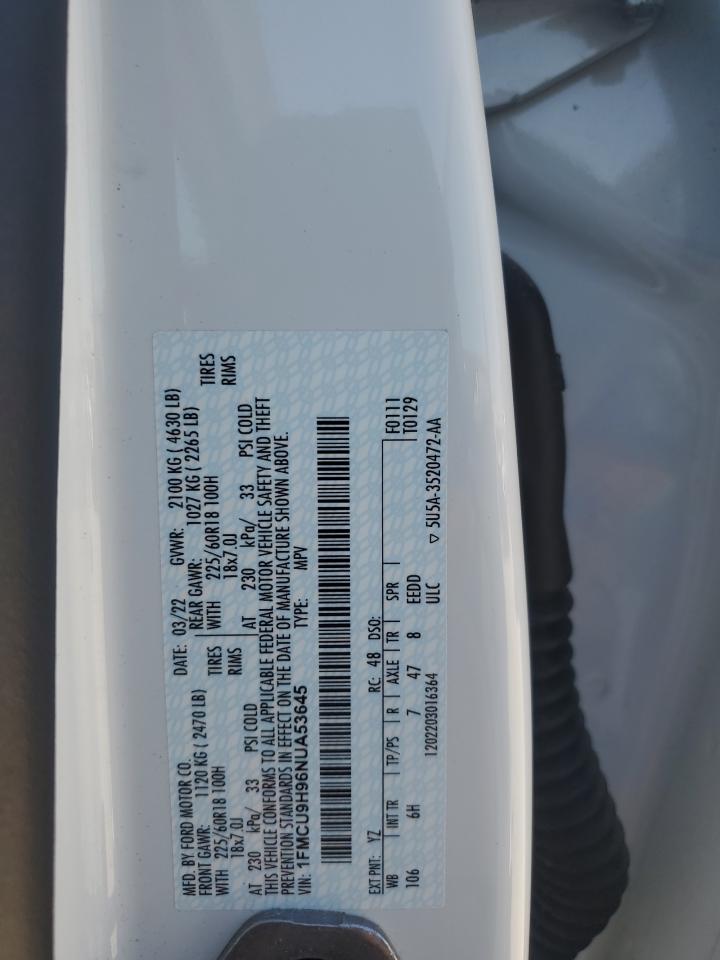 2022 Ford Escape Sel VIN: 1FMCU9H96NUA53645 Lot: 53129065
