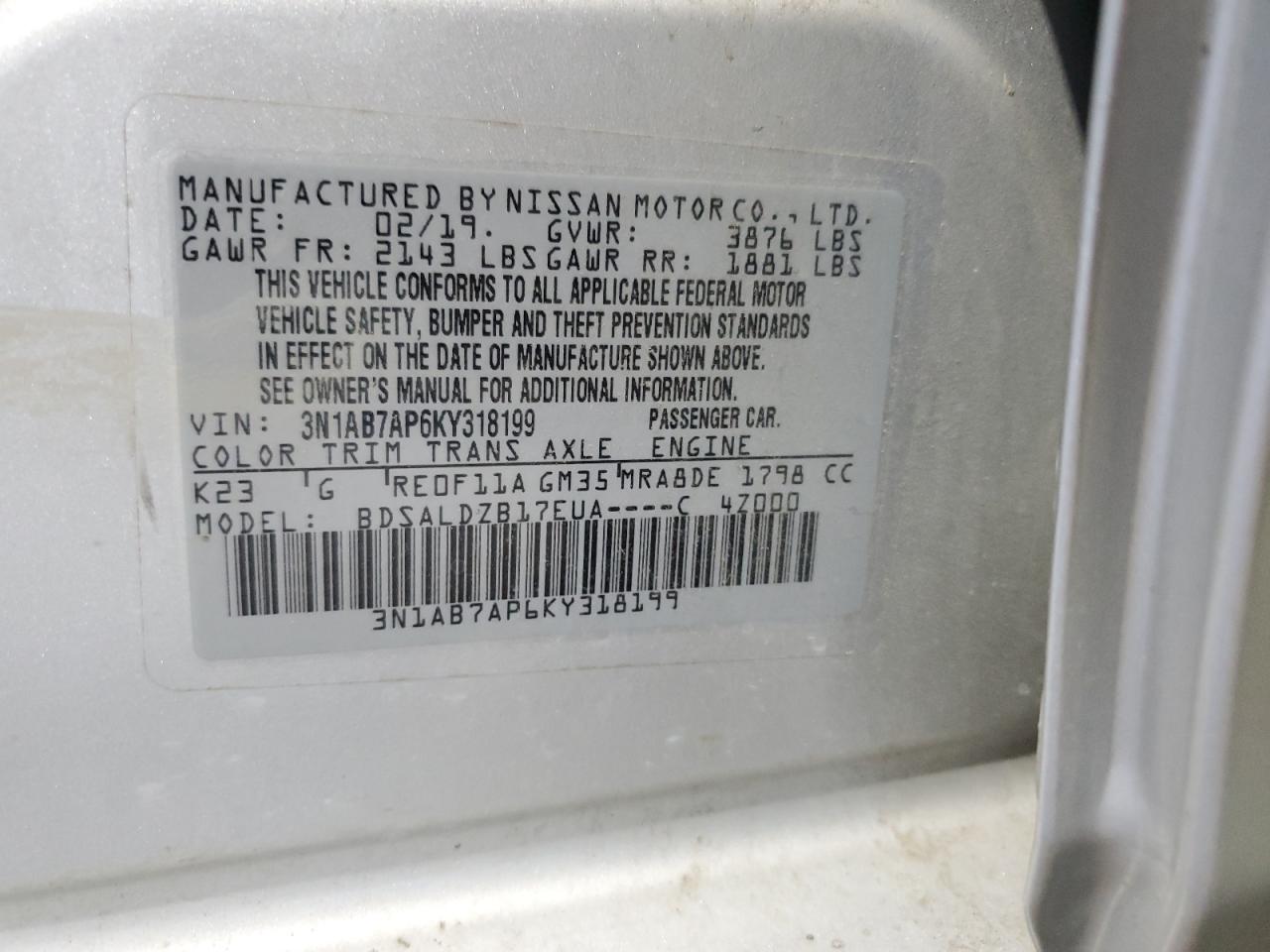 3n1ab7ap6ky318199 3N1AB7AP6KY318199 2019 Nissan Sentra S