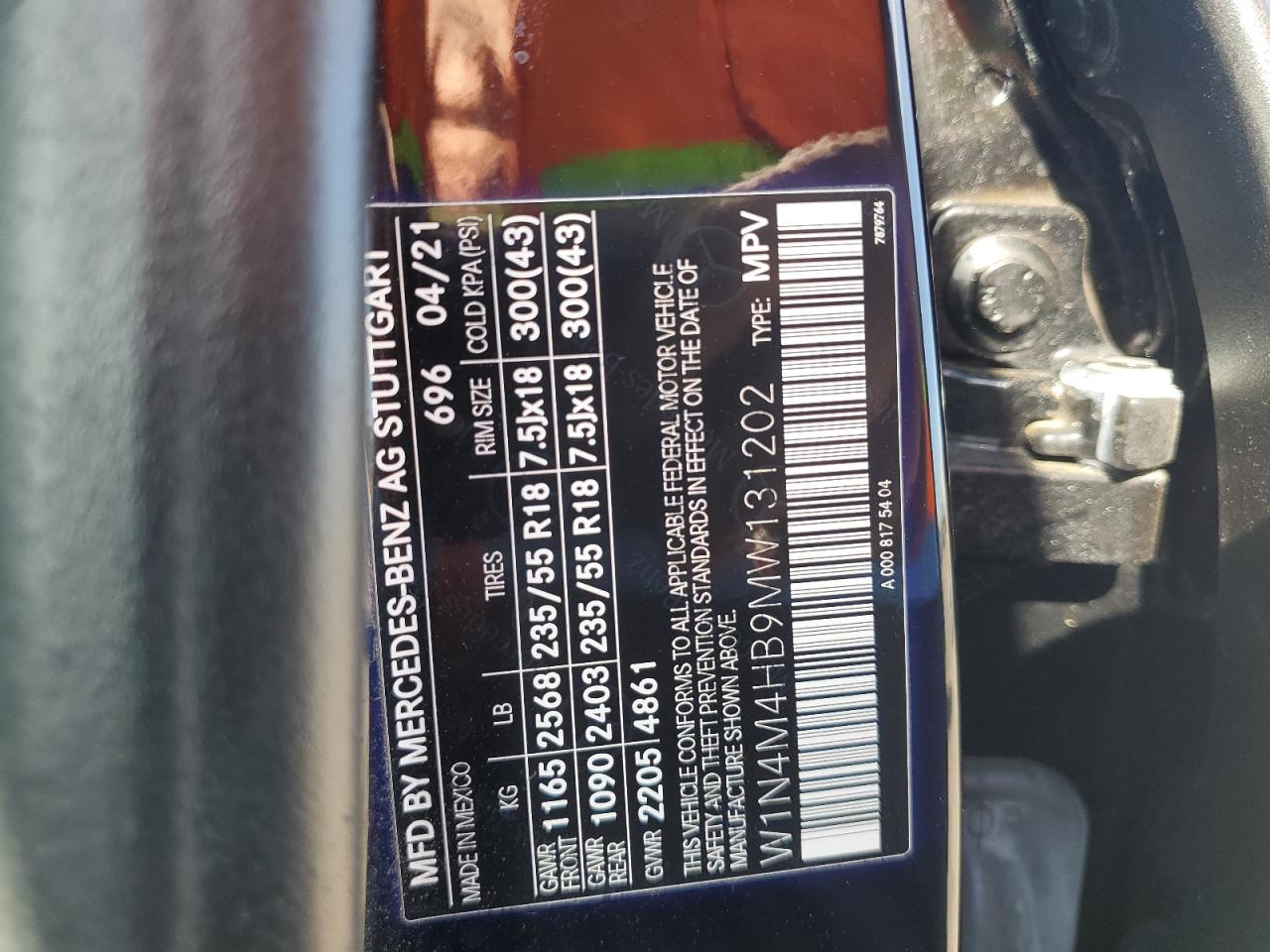 2021 Mercedes-Benz Glb 250 4Matic VIN: W1N4M4HB9MW131202 Lot: 53744325