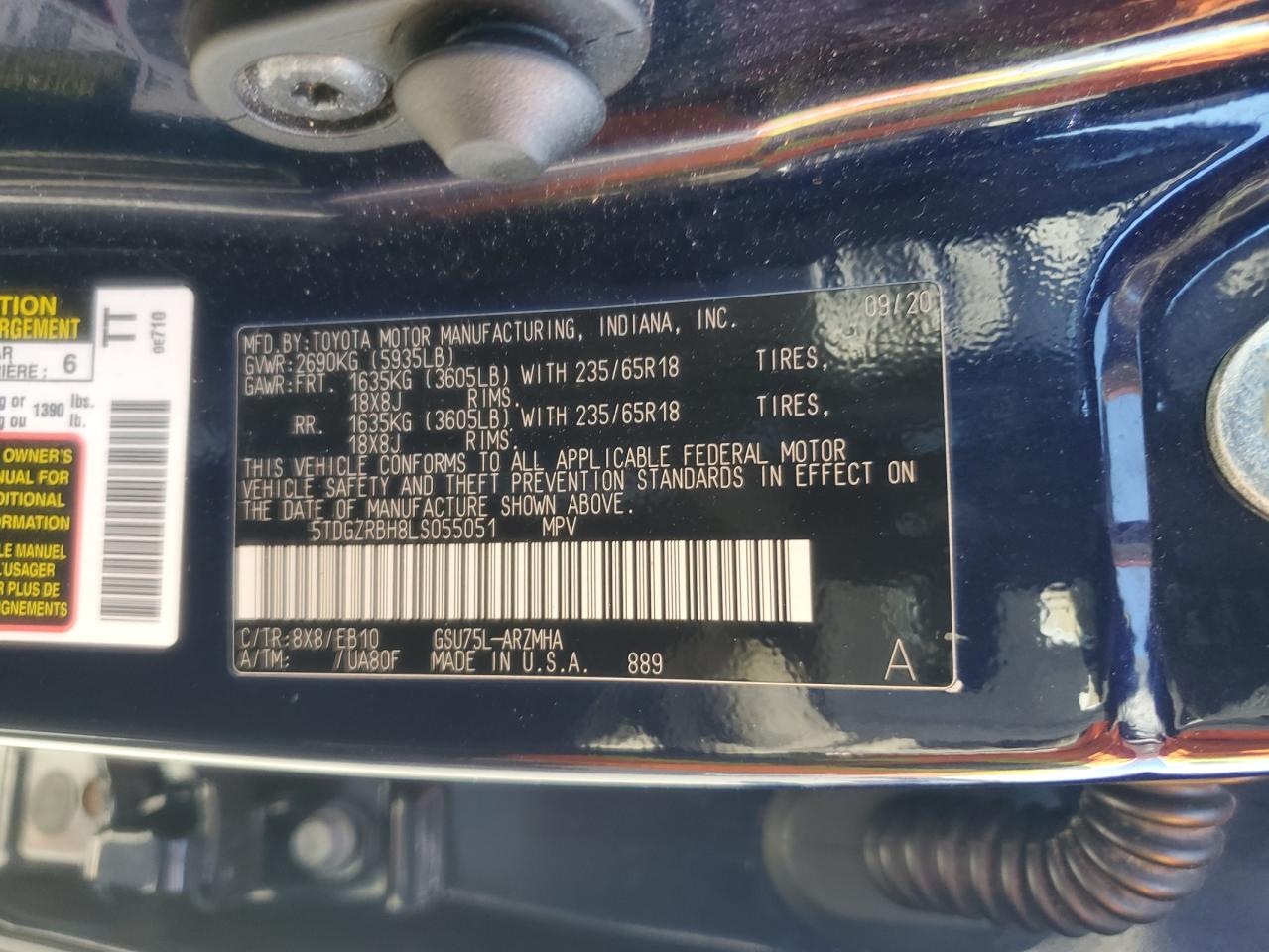 2020 Toyota Highlander Xle VIN: 5TDGZRBH8LS055051 Lot: 54358165