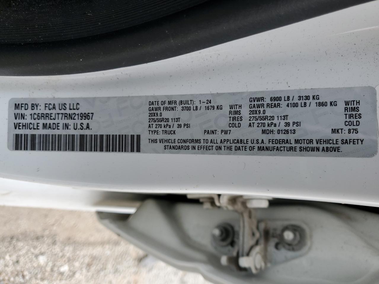 2024 Ram 1500 Laramie VIN: 1C6RREJT7RN219967 Lot: 54524375