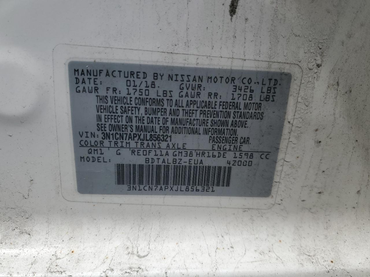 3N1CN7APXJL856321 NISSAN VERSA 2018