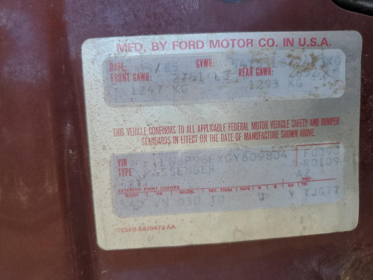 1986 Lincoln Town Car VIN: 1LNBP96FXGY609804 Lot: 54846575
