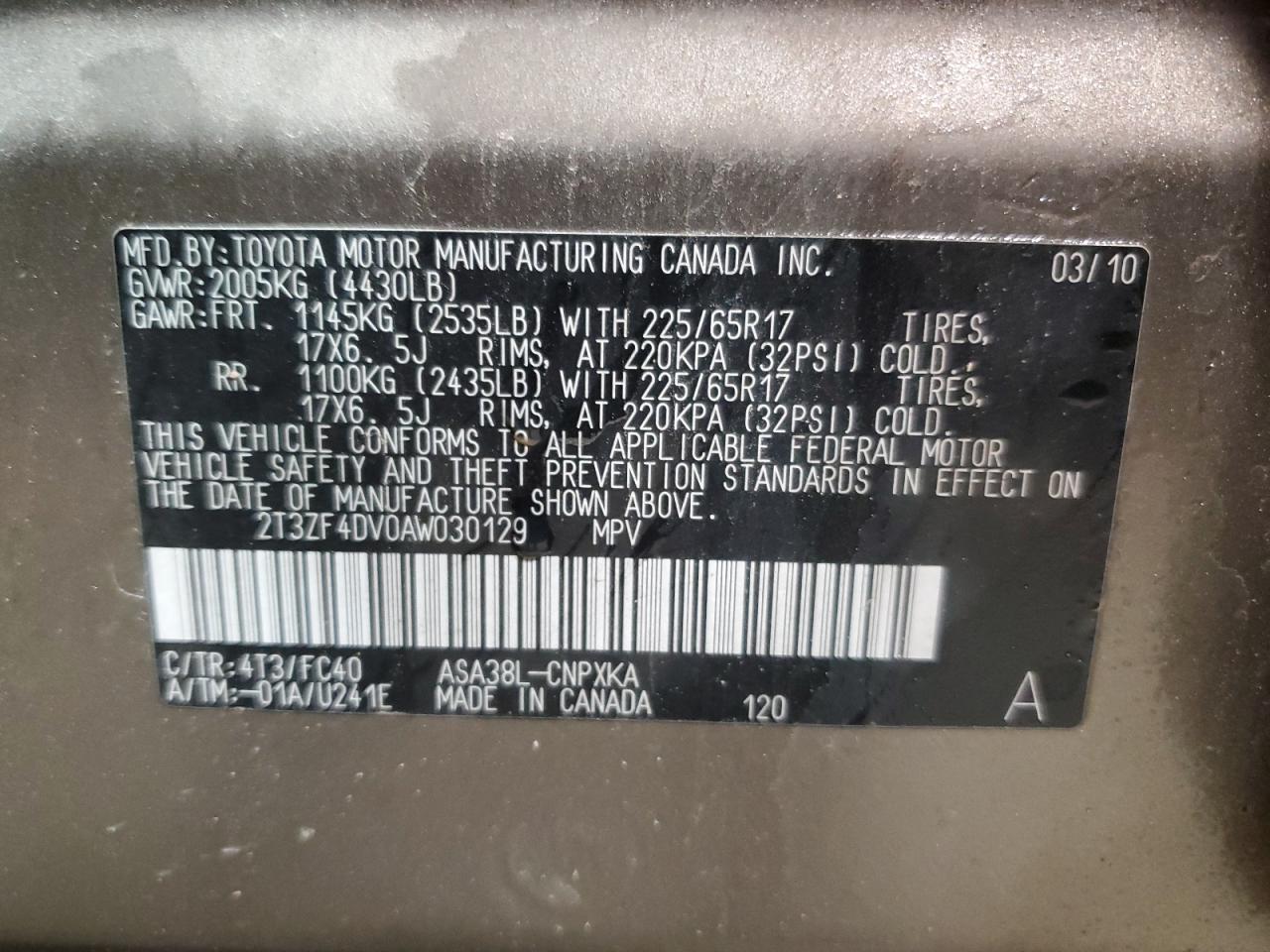 2010 Toyota Rav4 VIN: 2T3ZF4DV0AW030129 Lot: 55260725