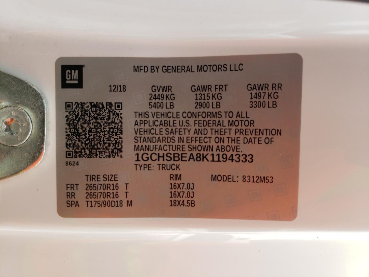 1GCHSBEA8K1194333 CHEVROLET COLORADO 2019