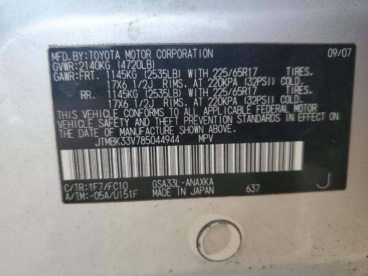 2008 Toyota Rav4 VIN: JTMBK33V785044944 Lot: 55170625