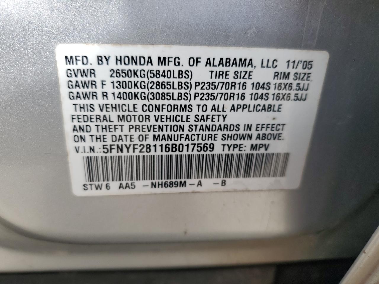 2006 Honda Pilot Lx VIN: 5FNYF28116B017569 Lot: 70622425