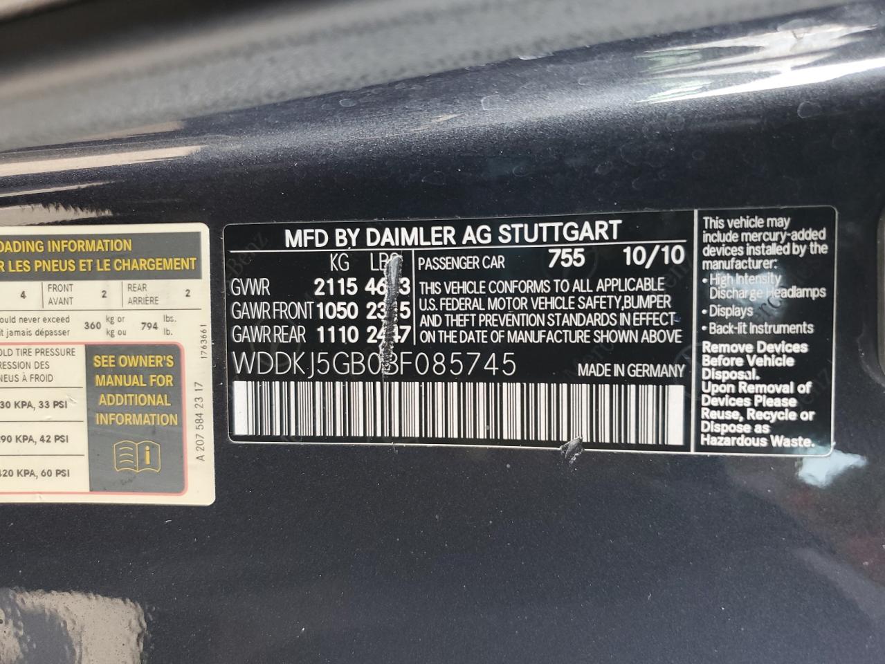 2011 Mercedes-Benz E 350 VIN: WDDKJ5GB0BF085745 Lot: 55056135