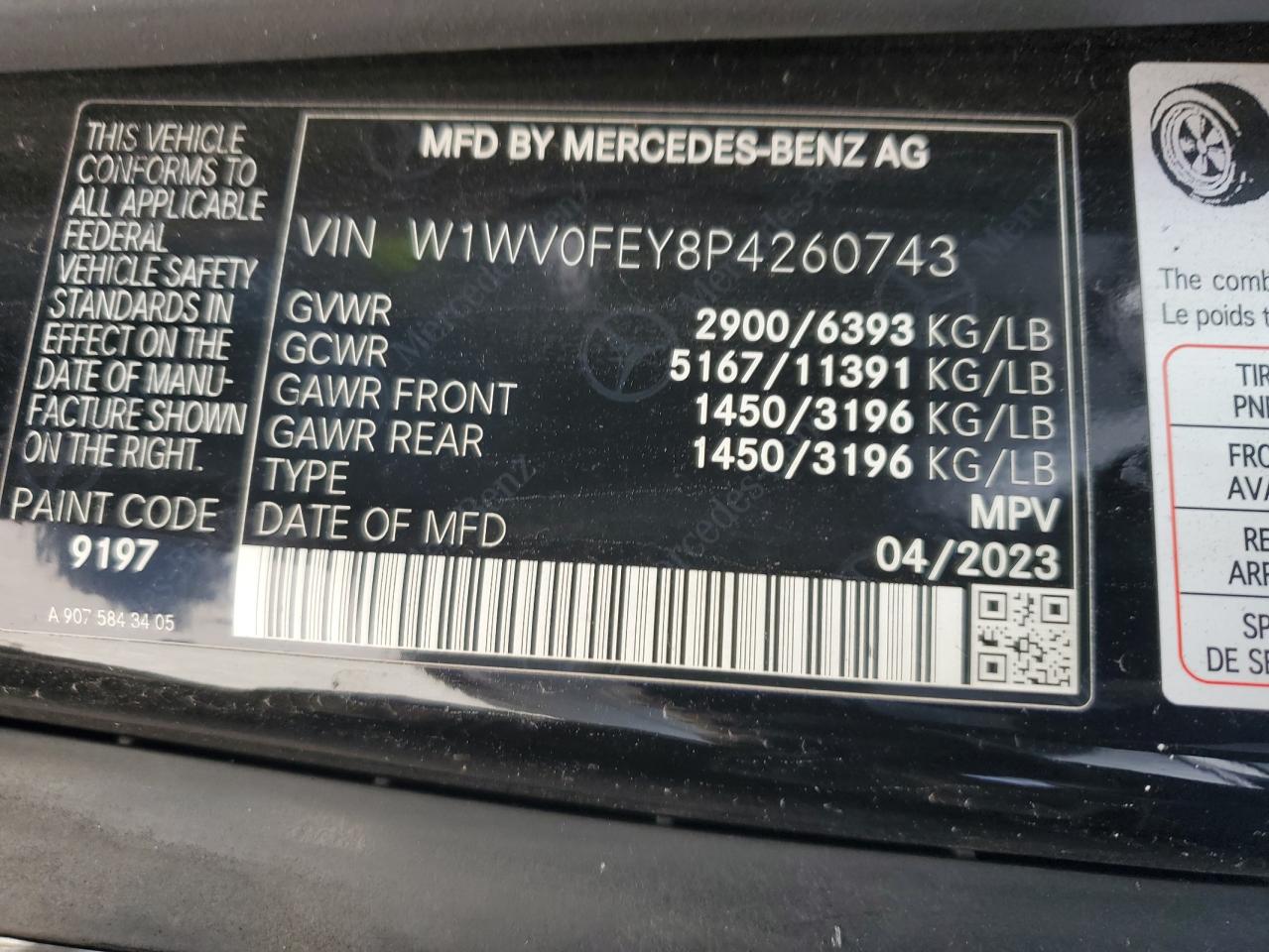 2023 Mercedes-Benz Metris VIN: W1WV0FEY8P4260743 Lot: 53286585