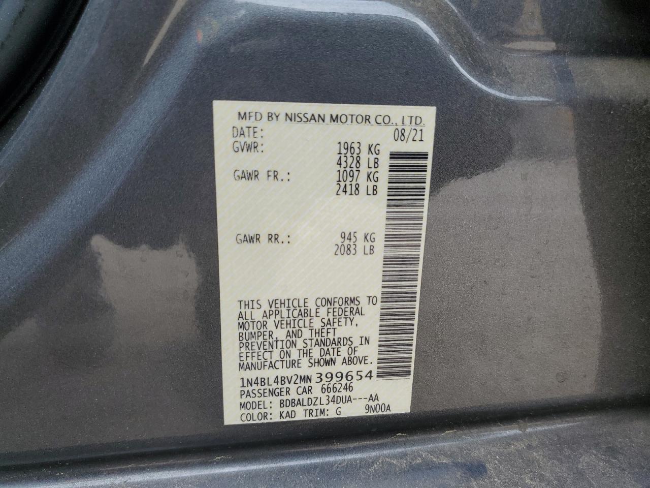 2021 Nissan Altima S VIN: 1N4BL4BV2MN399654 Lot: 55243405