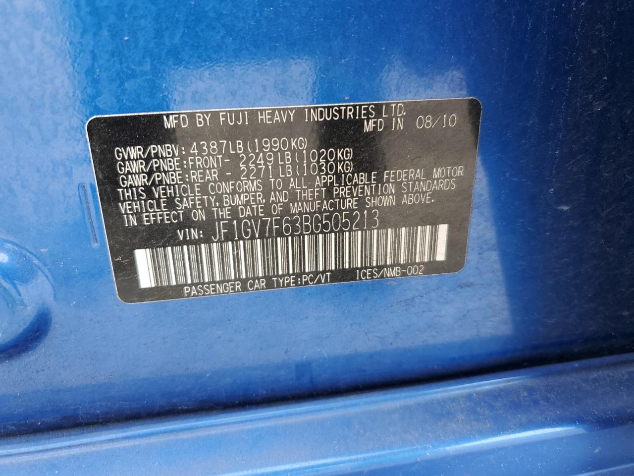 2011 Subaru Impreza Wrx VIN: JF1GV7F63BG505213 Lot: 54965555