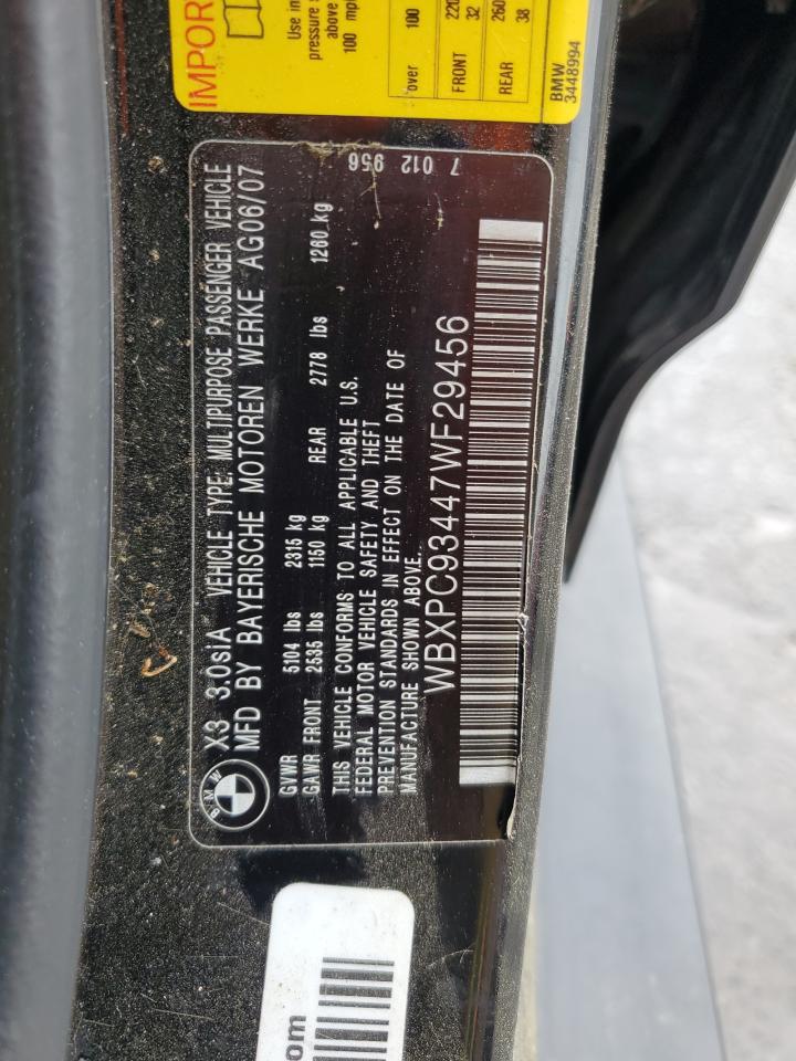 2007 BMW X3 3.0Si VIN: WBXPC93447WF29456 Lot: 54236495