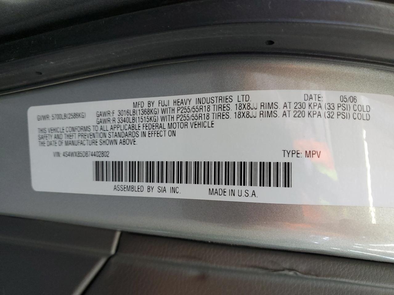 2007 Subaru B9 Tribeca 3.0 H6 VIN: 4S4WX85D874402802 Lot: 54171525