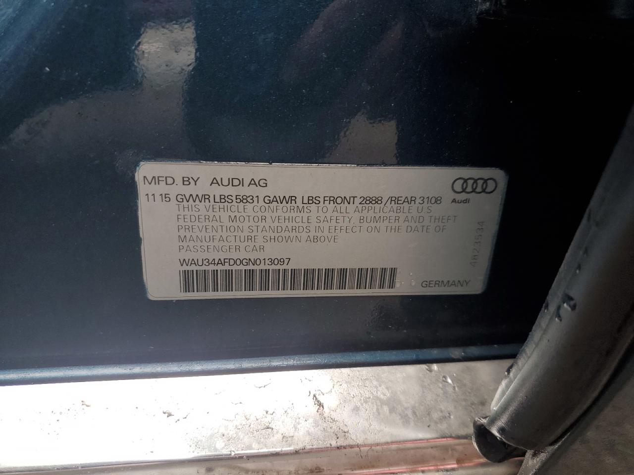 2016 Audi A8 L Quattro VIN: WAU34AFD0GN013097 Lot: 51692225