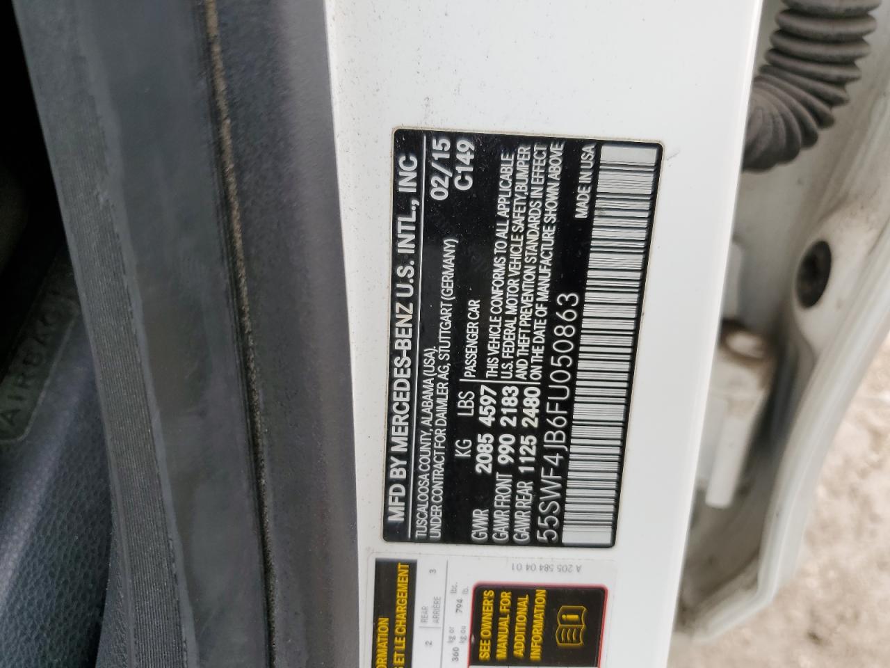 2015 Mercedes-Benz C 300 VIN: 55SWF4JB6FU050863 Lot: 54478625