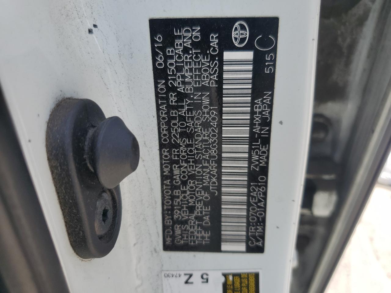 JTDKARFU8G3024091 TOYOTA PRIUS 2016