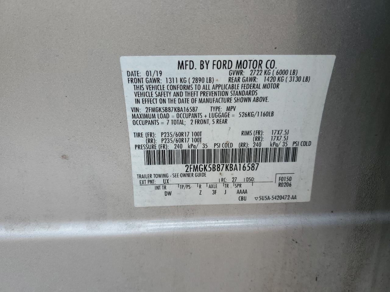 2019 Ford Flex Se VIN: 2FMGK5B87KBA16587 Lot: 52138685