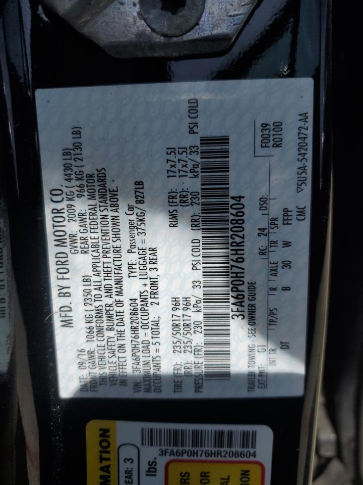 2017 Ford Fusion Se VIN: 3FA6P0H76HR208604 Lot: 54359065