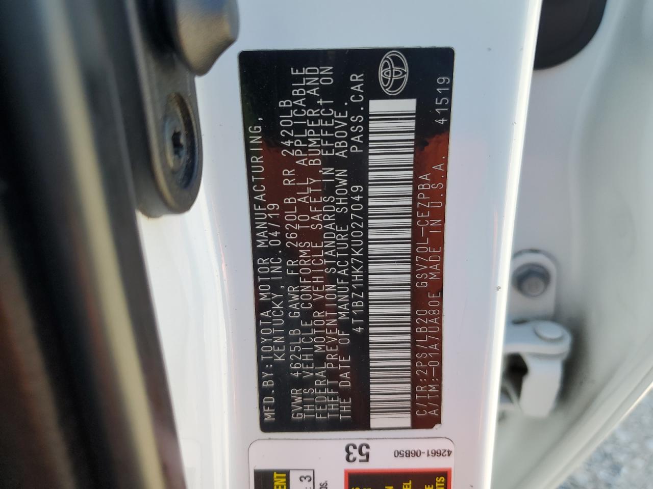 2019 Toyota Camry Xse VIN: 4T1BZ1HK7KU027049 Lot: 55078155