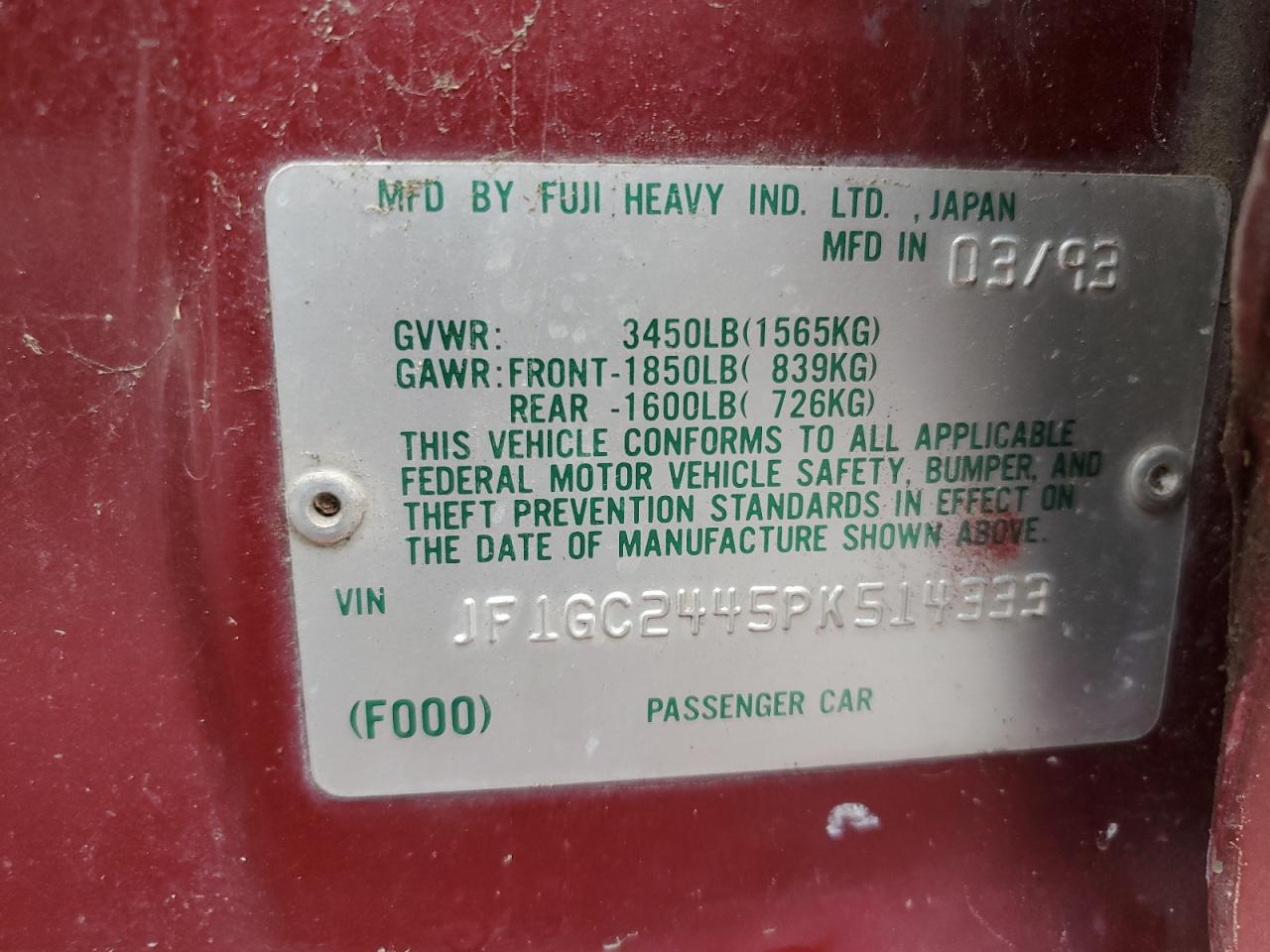 1993 Subaru Impreza L Plus VIN: JF1GC2445PK514333 Lot: 53749755