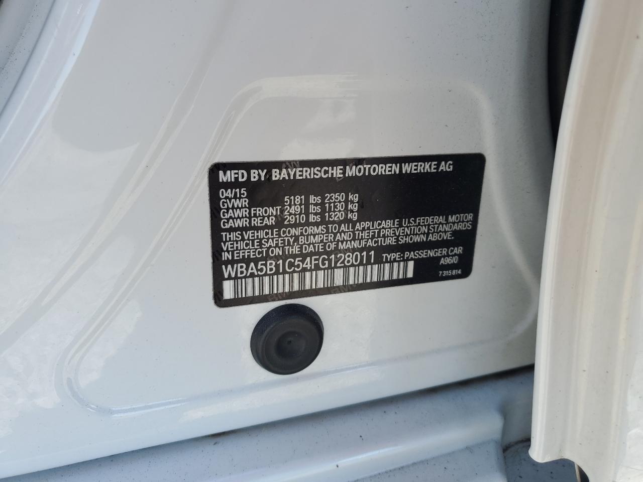 2015 BMW 535 I VIN: WBA5B1C54FG128011 Lot: 54568175