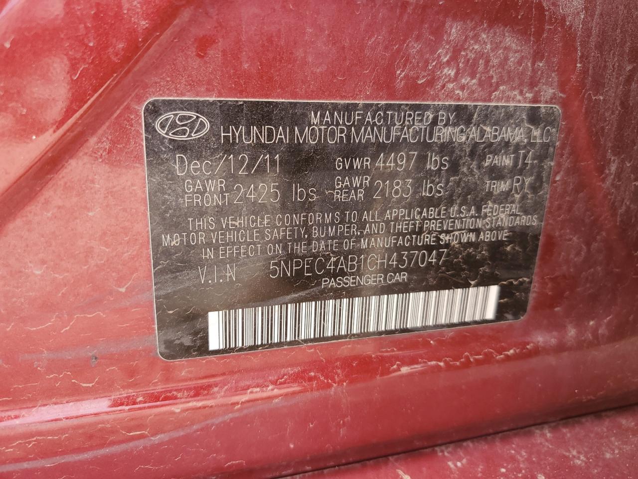 2012 Hyundai Sonata Se VIN: 5NPEC4AB1CH437047 Lot: 50784725