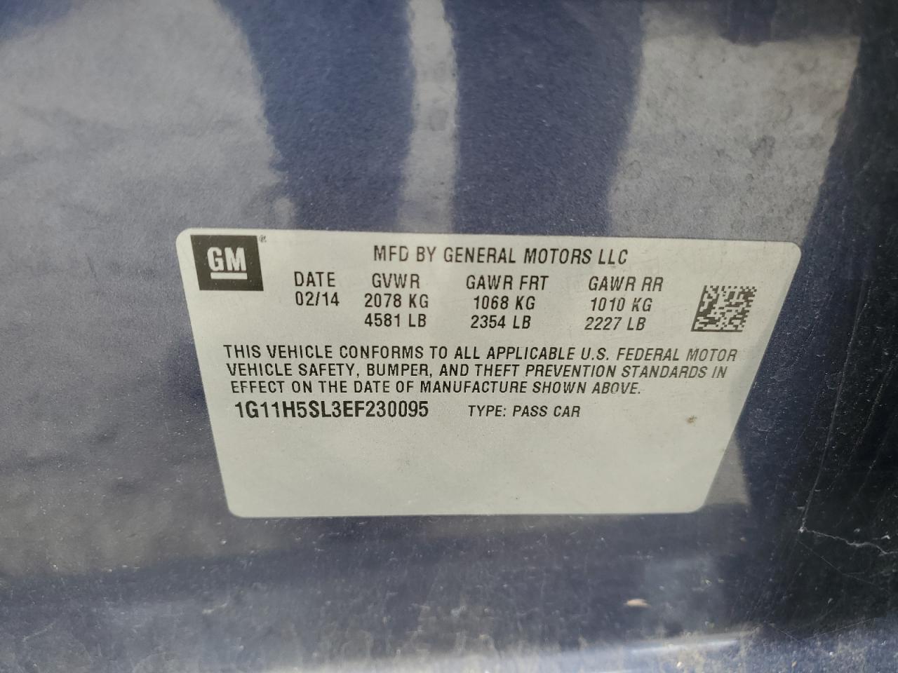 2014 Chevrolet Malibu Ltz VIN: 1G11H5SL3EF230095 Lot: 54912235