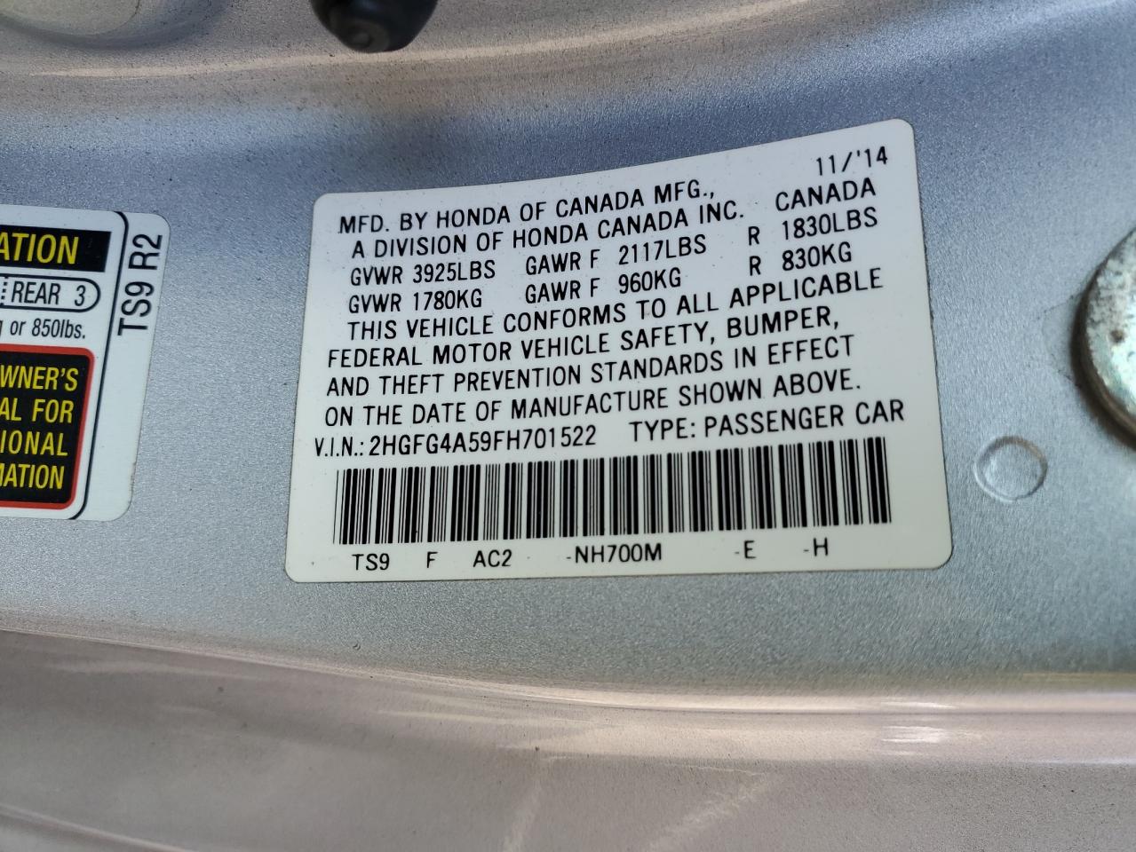 2015 Honda Civic Si VIN: 2HGFG4A59FH701522 Lot: 52227075