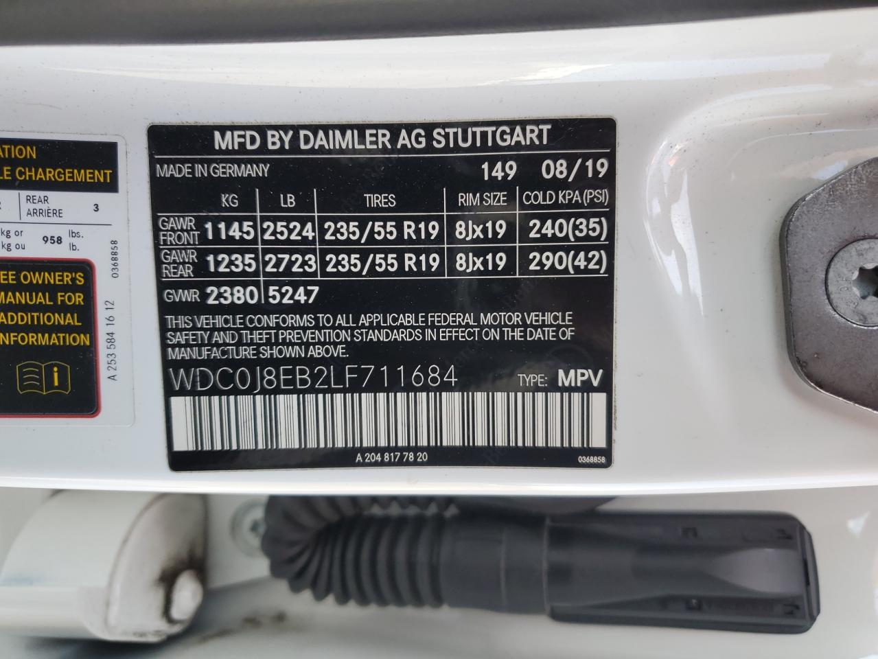 2020 Mercedes-Benz Glc Coupe 300 4Matic VIN: WDC0J8EB2LF711684 Lot: 52993125