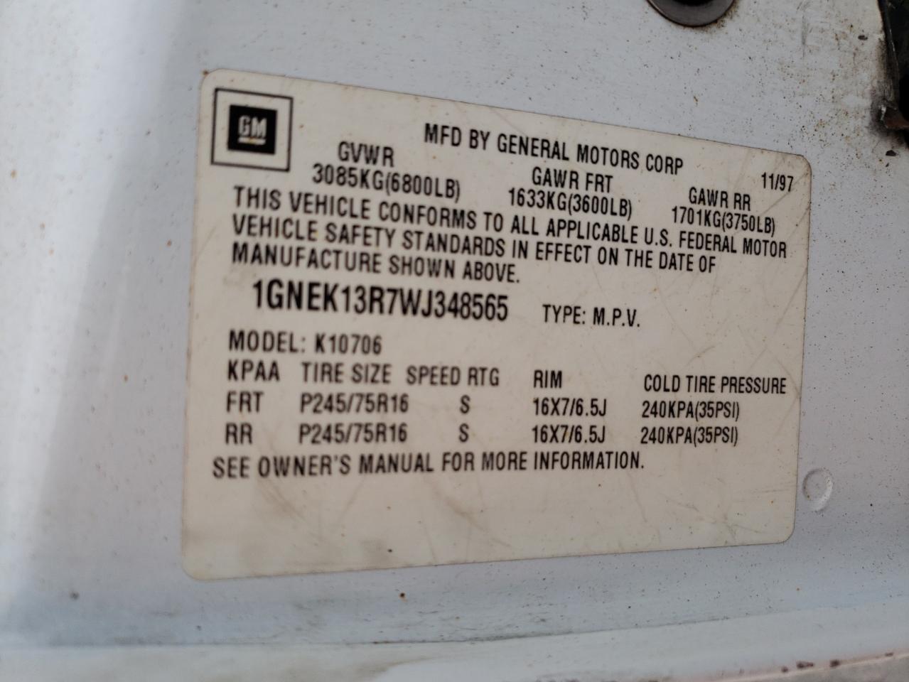 1998 Chevrolet Tahoe K1500 VIN: 1GNEK13R7WJ348565 Lot: 53375725