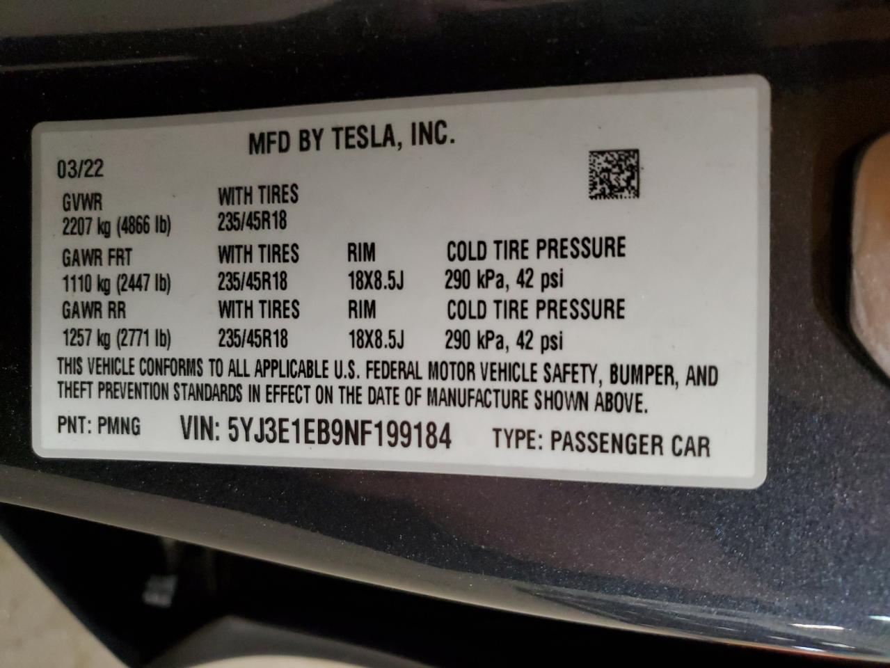 2022 Tesla Model 3 VIN: 5YJ3E1EB9NF199184 Lot: 52413175