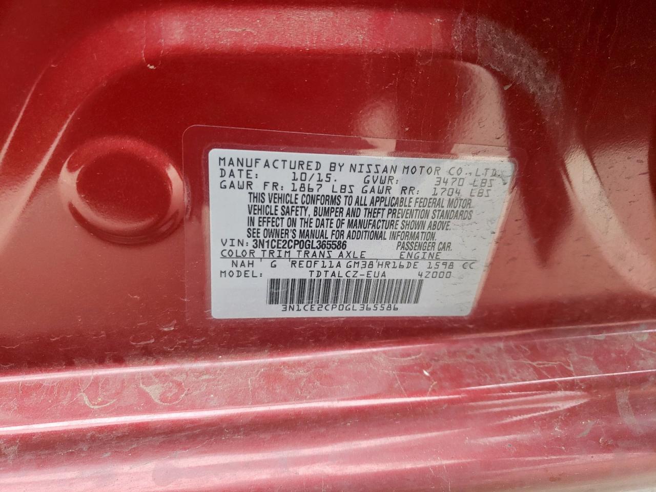3N1CE2CP0GL365586 NISSAN VERSA 2016