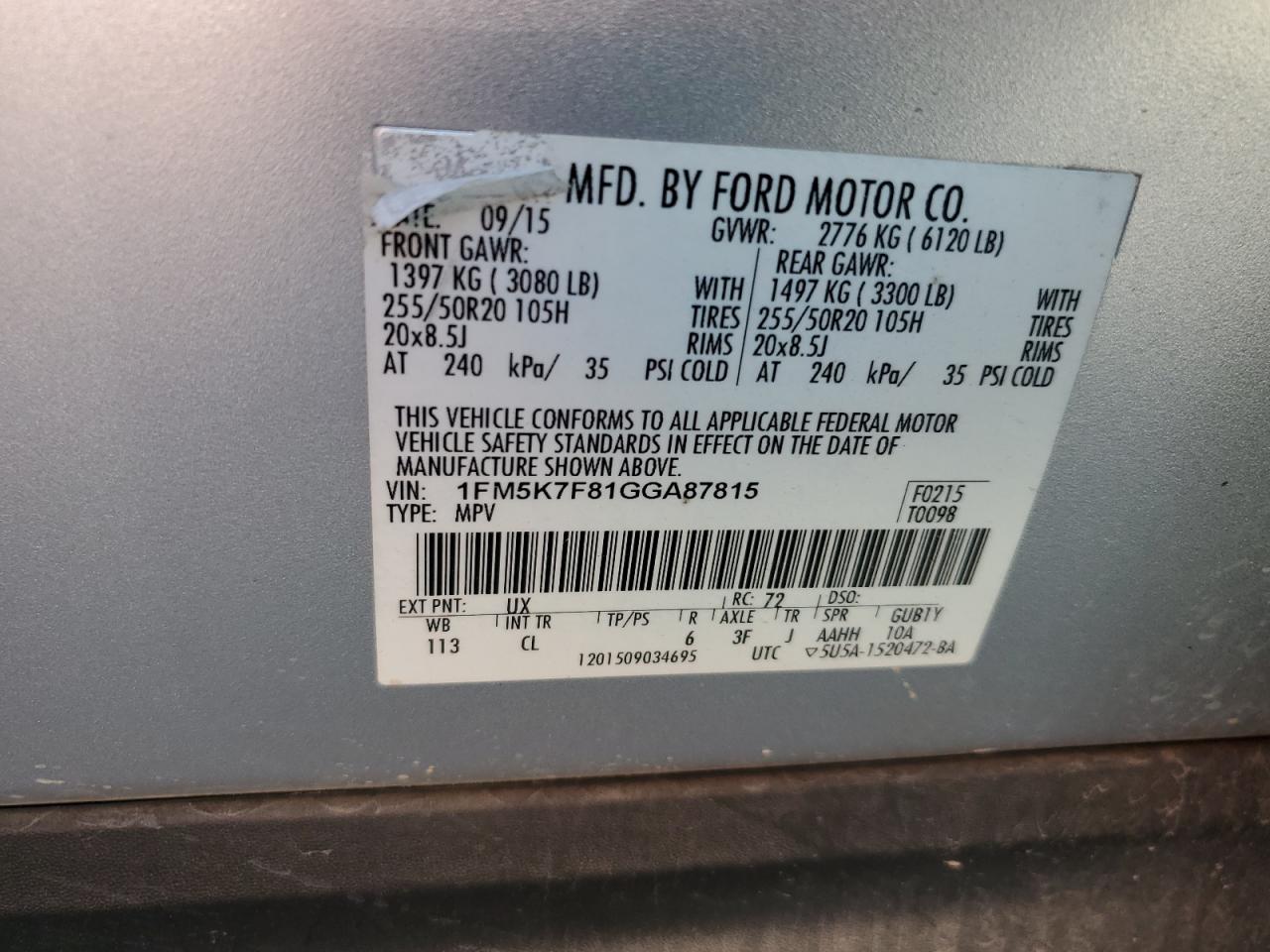 2016 Ford Explorer Limited VIN: 1FM5K7F81GGA87815 Lot: 53112405